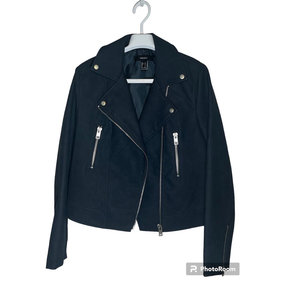 Forever 21 Moto Navy Blue Faux Leather Zip Biker Jacket Women's Size Large L NWT